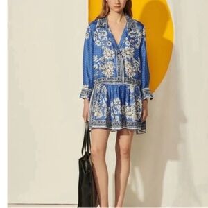 Sandro Chloe Blue Floral Long Sleeve Silk Mini Dress size XL